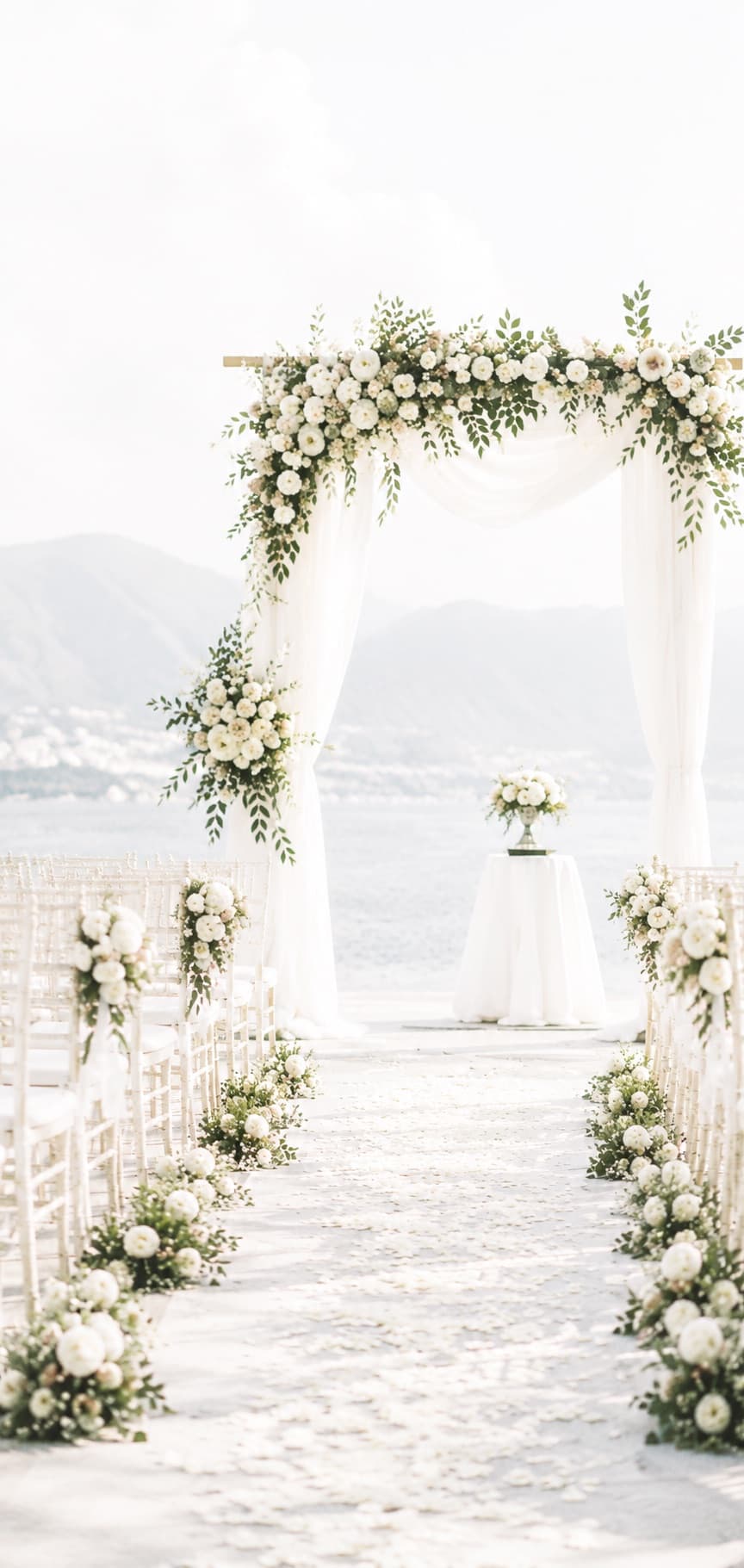 An outdoor wedding ceremony arch dressed in white flowers, overlooking the sea