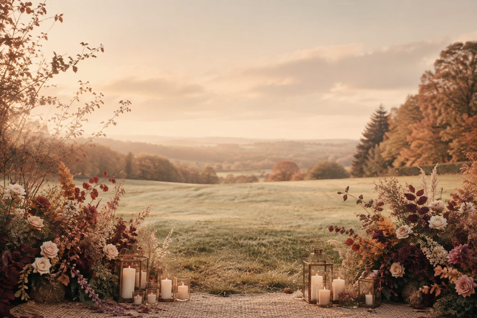 Candlelight and autumn florals at golden hour